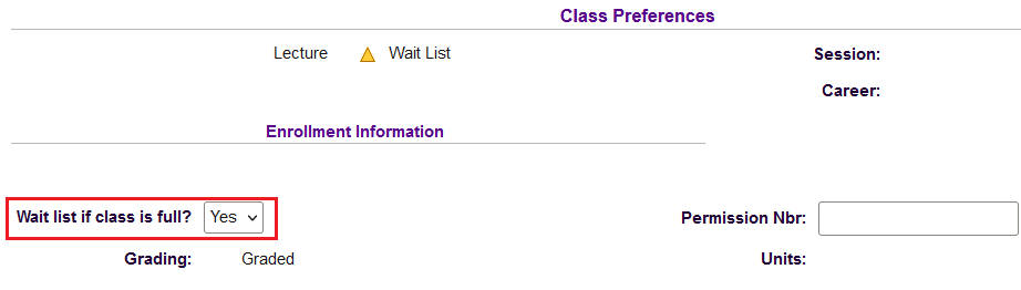 Screenshot of Enrollment Preferences page within the Albert Shopping Cart, with a red rectangle around the "Waitlist if class if full?" prompt and the answer set to "Yes."