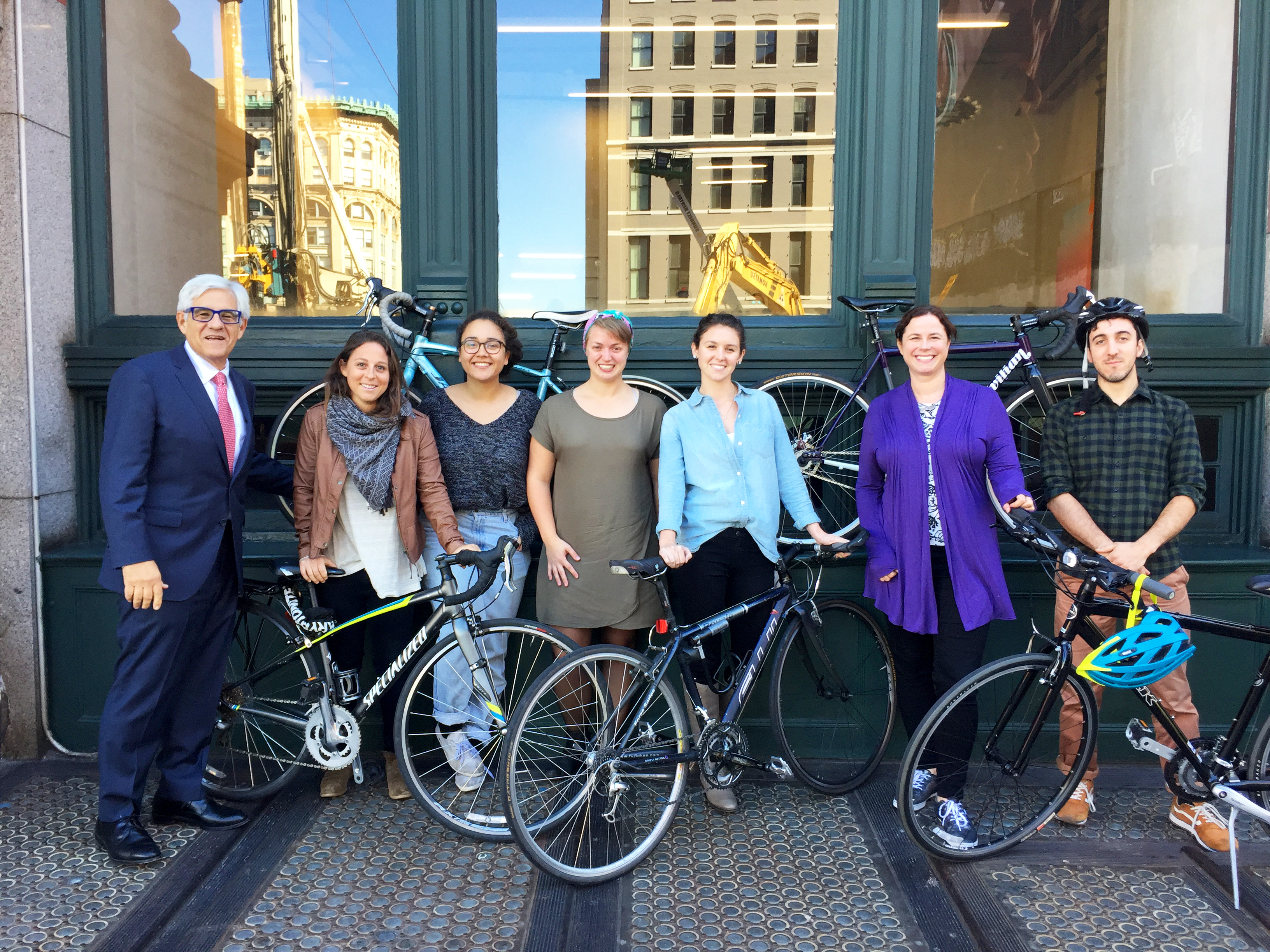 The Cyclists (from left to right): Mitchell Moss, Director, NYU Rudin Center; Joanna Simon, Graduate Researcher; Olivia Craighead, Program Assistant; Ashley Smith, Graduate Researcher; Jenny O’Connell, Graduate Researcher; Sarah Kaufman, Assistant Director; Ari Kaputkin, Graduate Researcher.