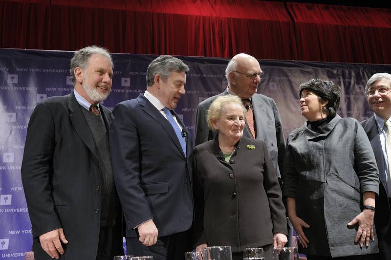 From left: John Sexton, Gordon Brown, Madeleine Albright, Paul Volcker, Ellen Schall and Rick Traino