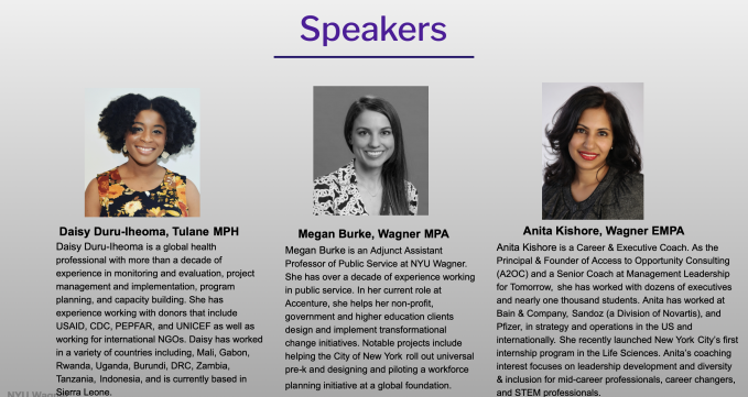 The speakers for the event which include Daisy Duru-Ilheoma, Megan Burke, and Anita Kishore