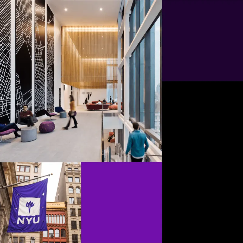 Collage image showing external shots of campus, New York City and an internal campus shot