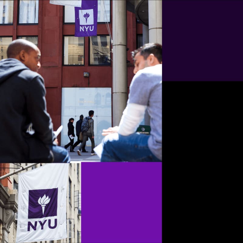 Collage image showing external shots of campus, New York City and students outside campus