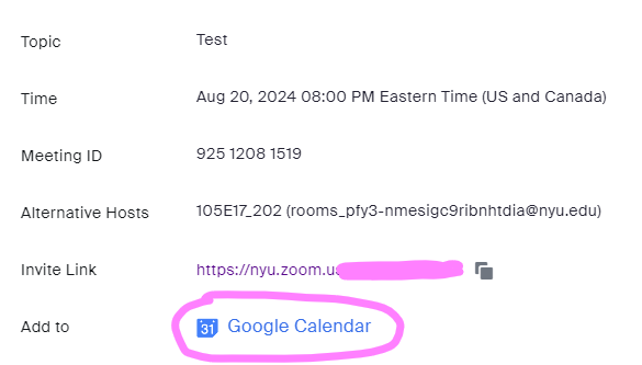 zoom add to google calendar screenshot