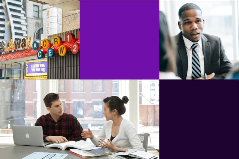 Collage image showing external shots of New York City and smartly dressed students in a business setting