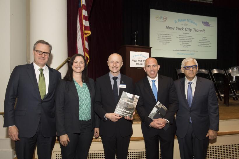 Tom Wright, RPA President; Sarah Kaufman, NYU Rudin Center Assistant Director; Andy Byford, NYCT President; Scott Rechler, RPA Board Chair; and Mitchell Moss, NYU Rudin Center Director