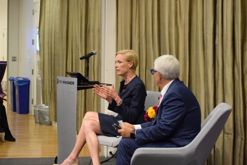 Cecile Richards during the evening's discussion with Mitchell L. Moss 