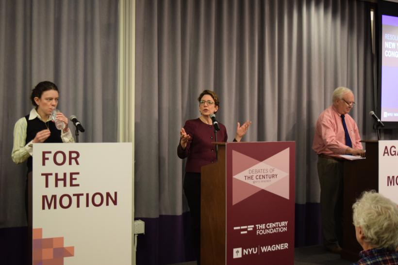 Nicole Gelinas (for the motion), moderator Polly Trottenberg, and Richard Brodsky (against the motion)