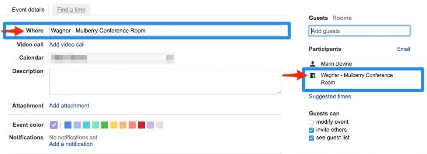 Meeting room selected in Google Calendar