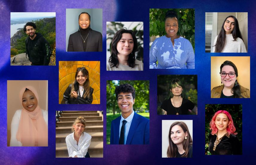 Headshots of current and former fellows smiling over purple backdrop