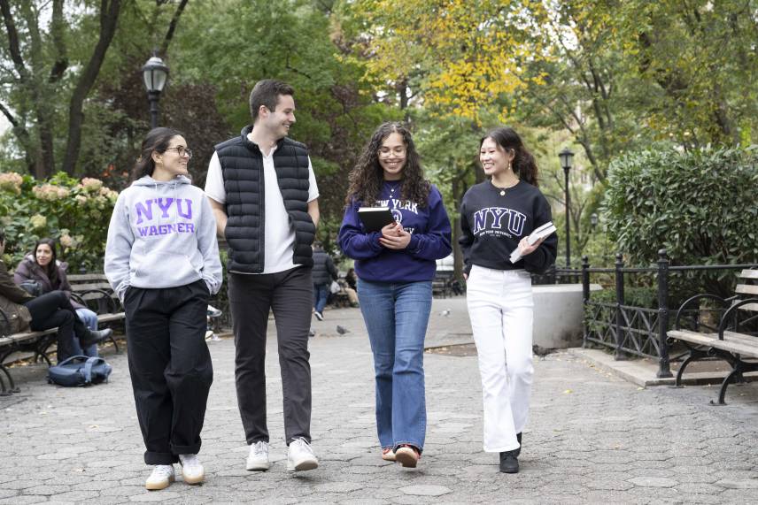 students walking through park