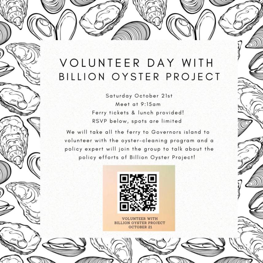 black and white graphic with oyster border with "Volunteer Day With Billion Oyster Project" in all caps describing the event. A QR code is attached for registration