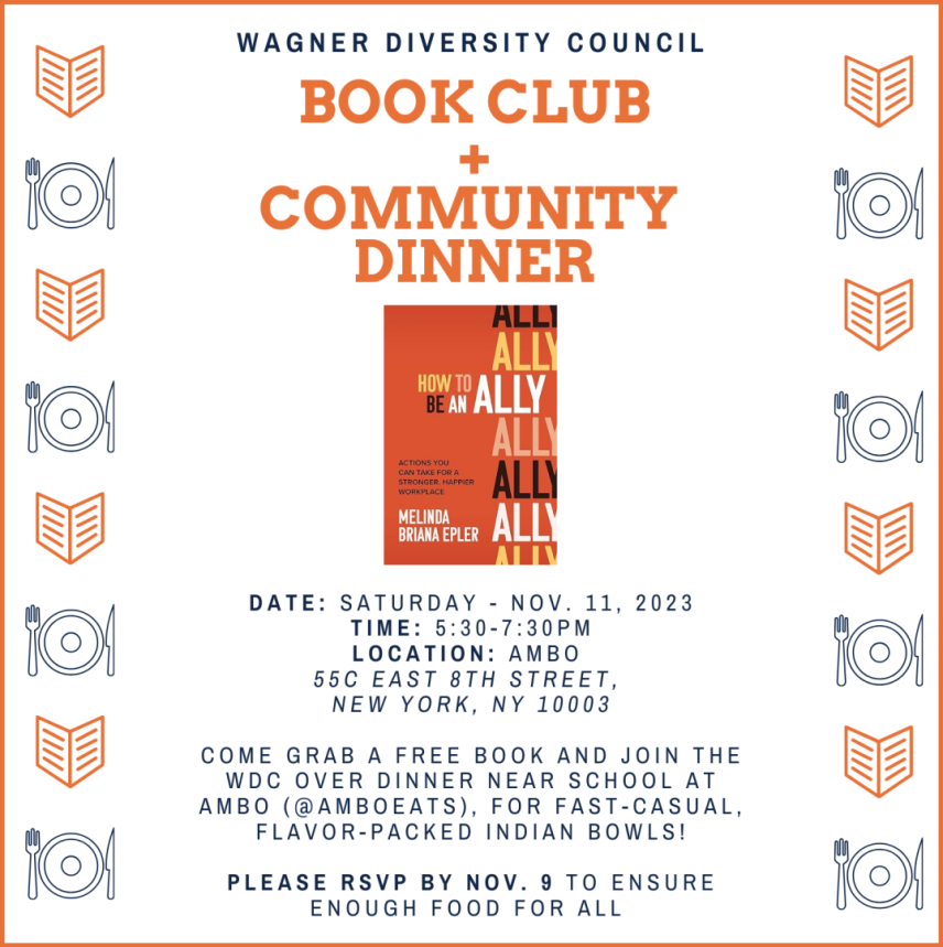 Book Club and Community Dinner invitation by Wagner Diversity Council. Come pick up a copy of How to be an Ally by Melinda Briana Epler and enjoy dinner. Register at the link on the website. White background with images of books and eating utensils.