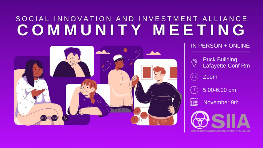 This is an image with a bright purple background and diverse group of students bonding via video call. There is a title "Social Innovation and Investment Alliance Community Meeting" at the top in bold white letters.  