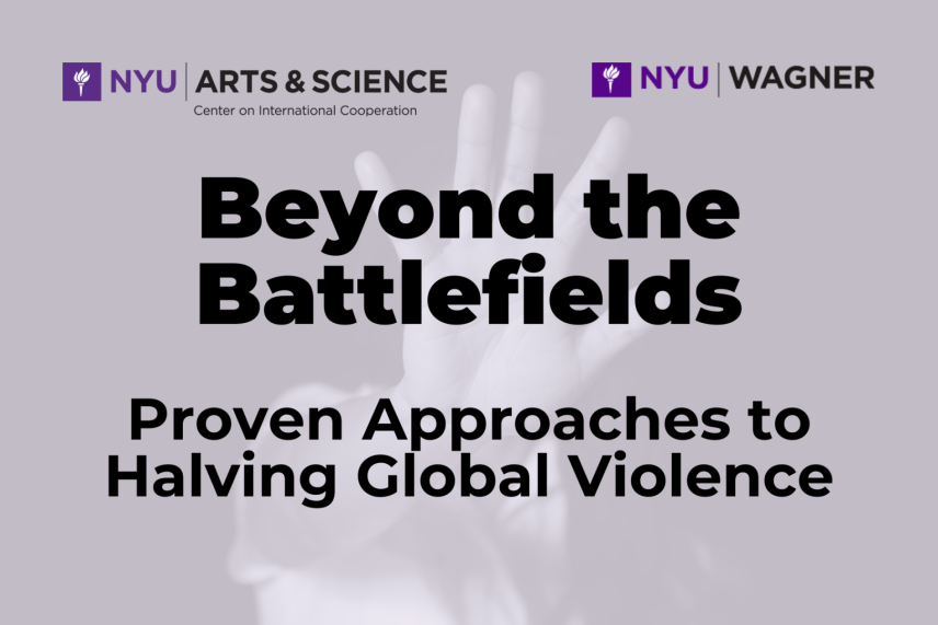 Beyond the Battlefields: Proven Approaches to Halving Global Violence; blurred purple tinted photograph of single hand blocking camera in background.