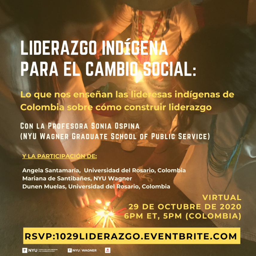 Image of Arhuaco women lighting a candle with text overlay listing event details. 