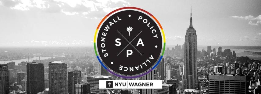 Round Circle with a thin rainbow border that encompasses the letters - S, P, A and is posted above the NYC skyline 