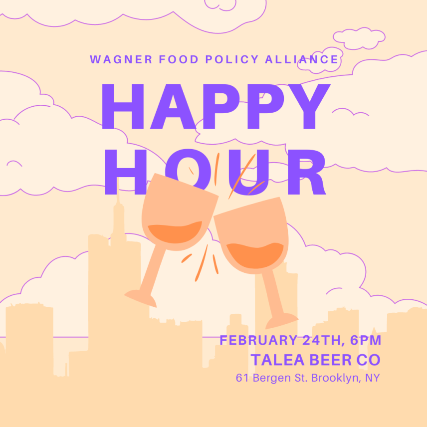 Orange and Purple Graphic with Happy Hour in purple letters describing event time and location
