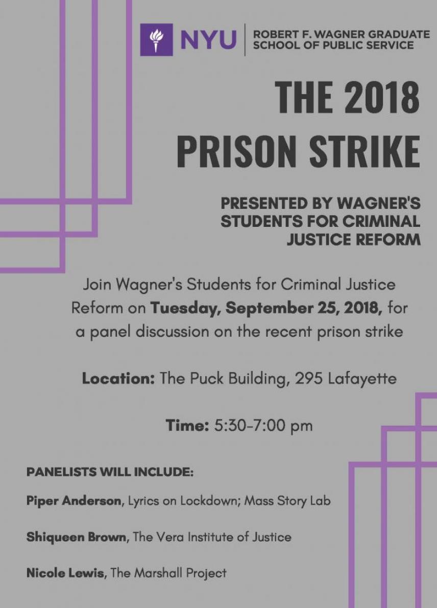 Join Wagner's Students for Criminal Justice Reform on Tuesday, September 25, for a panel discussion on the recent prison strike 