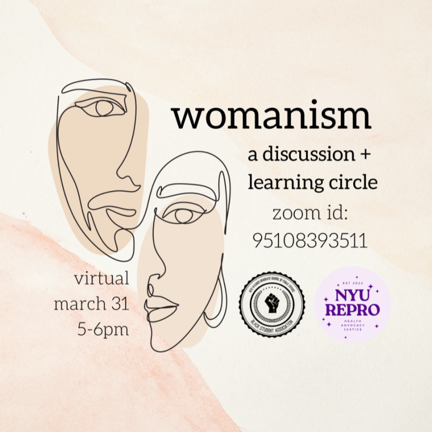 Linework image of faces with the details about event: Womanism, a discussion and learning circle.