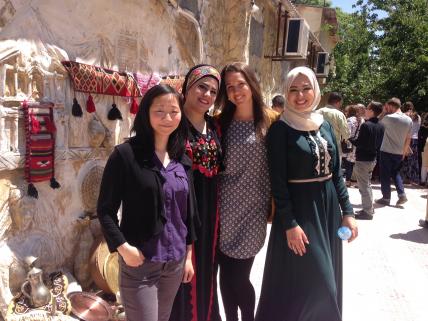 Justine with her Jordanian dialect teachers during an end of year celebration at her language center in Amman (2017).