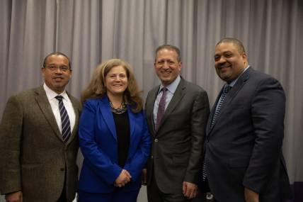 Attorney General Keith Ellison, Terri Gerstein, New York City Comptroller Brad Lander, and Manhattan District Attorney Alvin Bragg Jr.