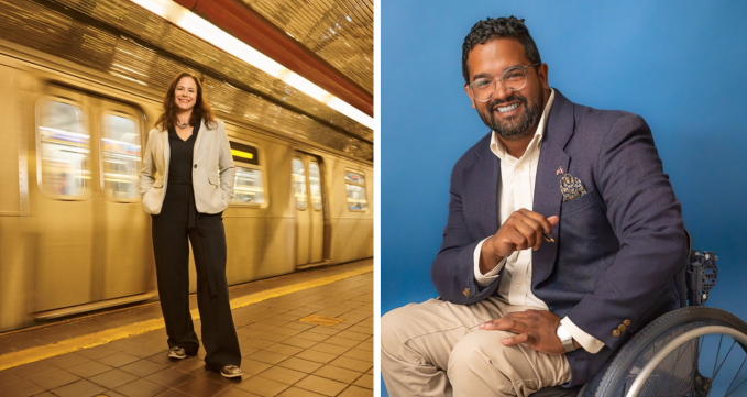 one photo of a woman in front of a moving subway car and one photo of a man in a suit jacket in a wheelchair in front of a blue background