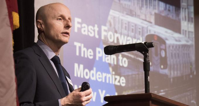 Andy Byford, NYCT President, presenting his Fast Forward plan at NYU on May 24, 2018.
