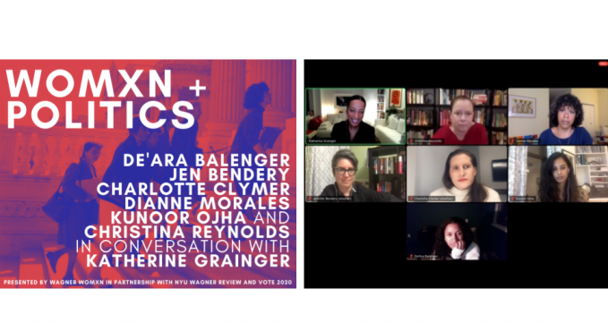 Image of the WOMXN + POLITICS Flyer and a Screen Shot of the Panelists from the Zoom Event
